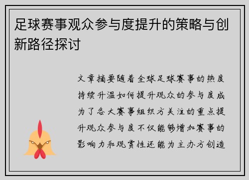 足球赛事观众参与度提升的策略与创新路径探讨