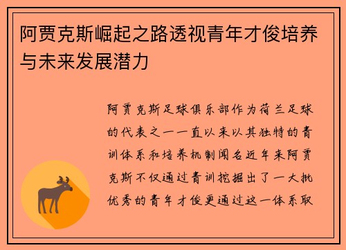 阿贾克斯崛起之路透视青年才俊培养与未来发展潜力 阿贾克斯崛起之路透视青年才俊培养与未来发展潜力