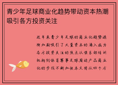 青少年足球商业化趋势带动资本热潮吸引各方投资关注 青少年足球商业化趋势带动资本热潮吸引各方投资关注